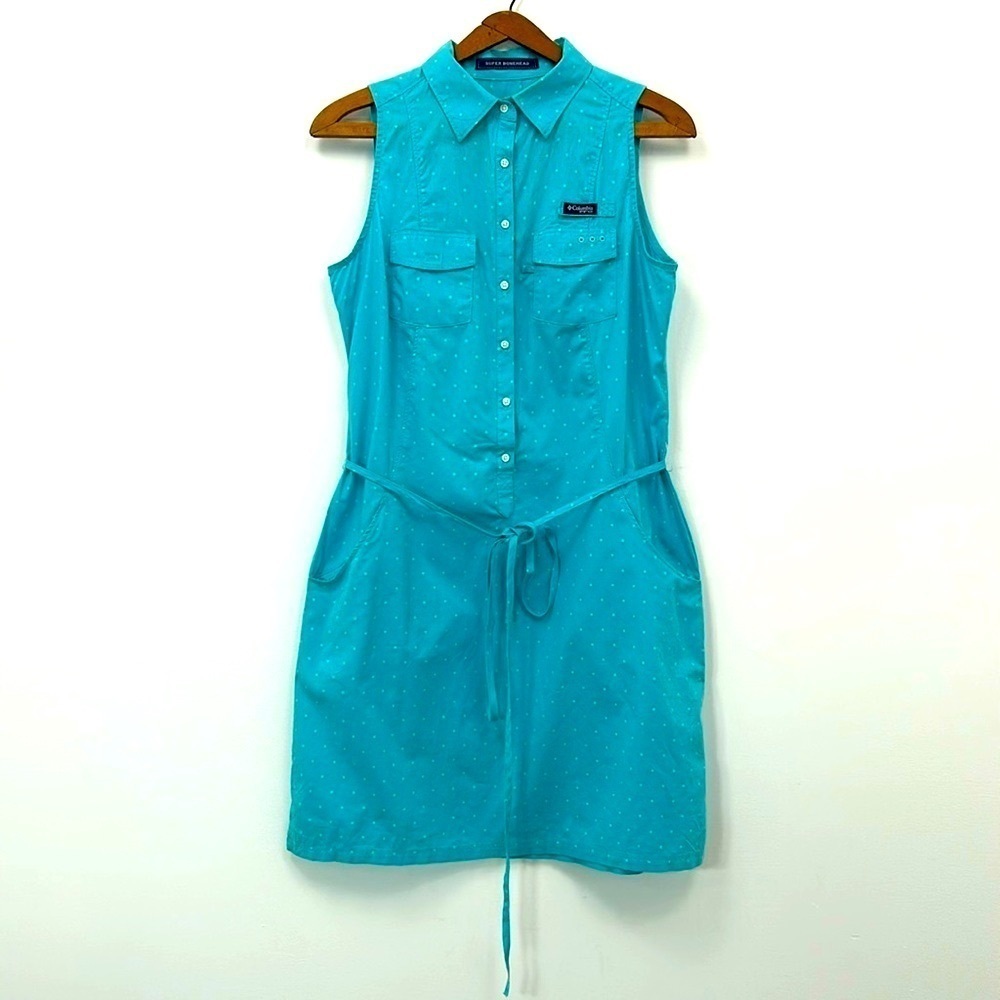 Columbia PFG Teal Cotton Polka Dot Dress Size Small Summer Golf Travel Active
